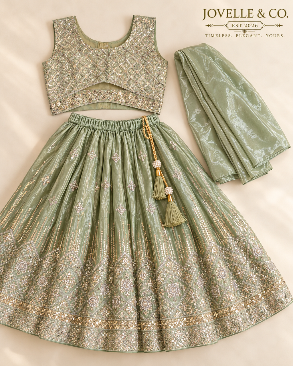 Girls’ Sage Green Embellished Lehenga Choli Set with Dupatta