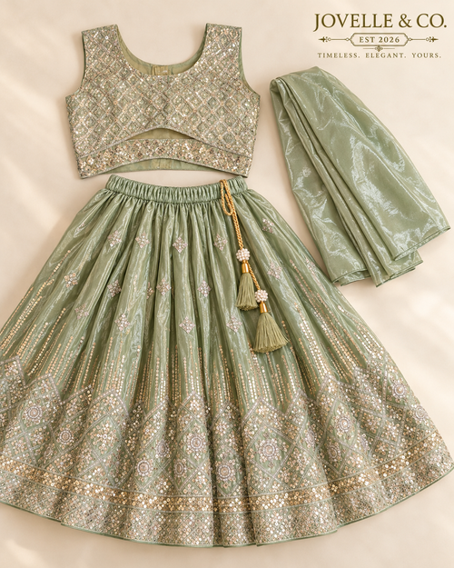 Girls’ Sage Green Embellished Lehenga Choli Set with Dupatta