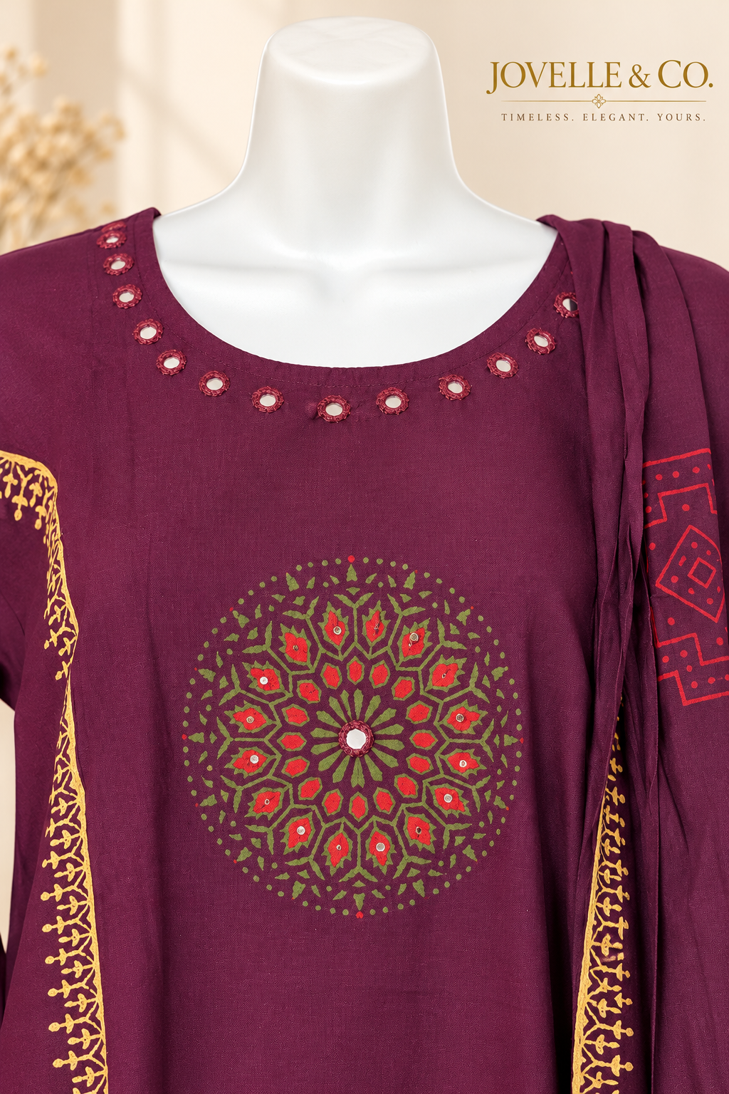 Plum Purple Ajrakh Cotton Suit with Mirror Work – 3-Piece Set