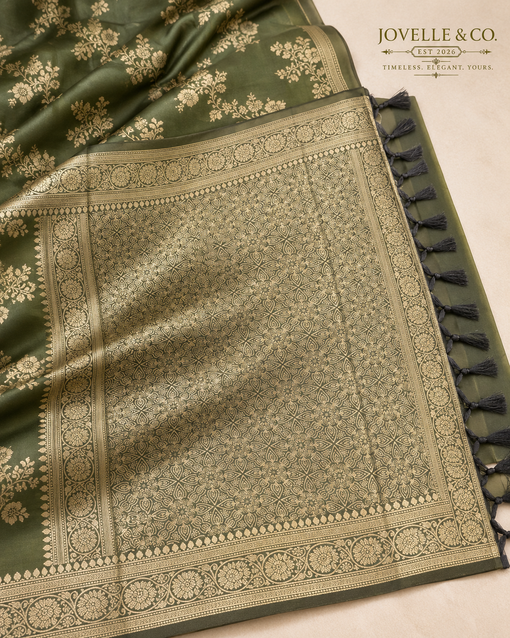 Olive Green Semi-Silk Saree – Gold Floral Motifs & Ornate Pallu