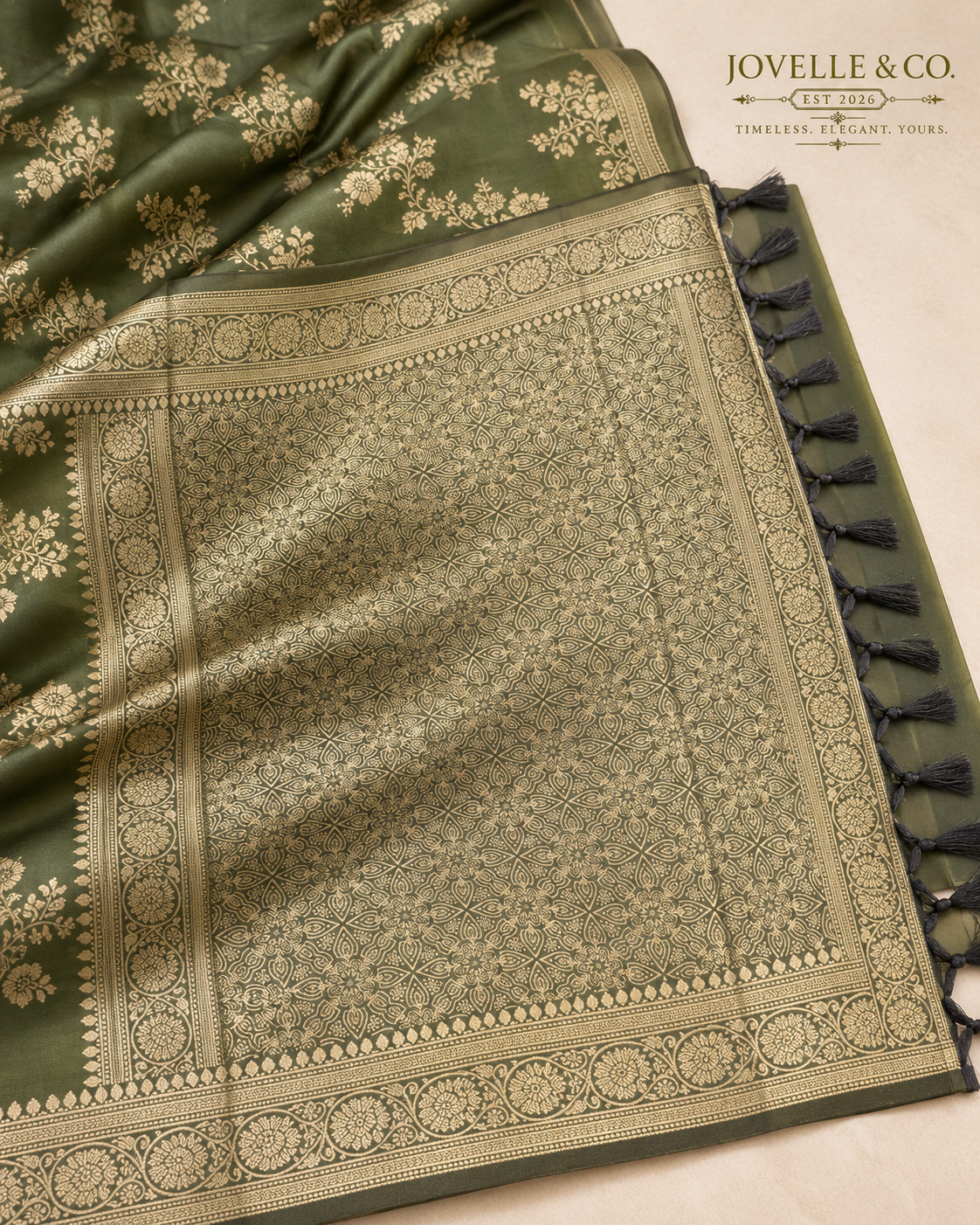 Olive Green Semi-Silk Saree – Gold Floral Motifs & Ornate Pallu
