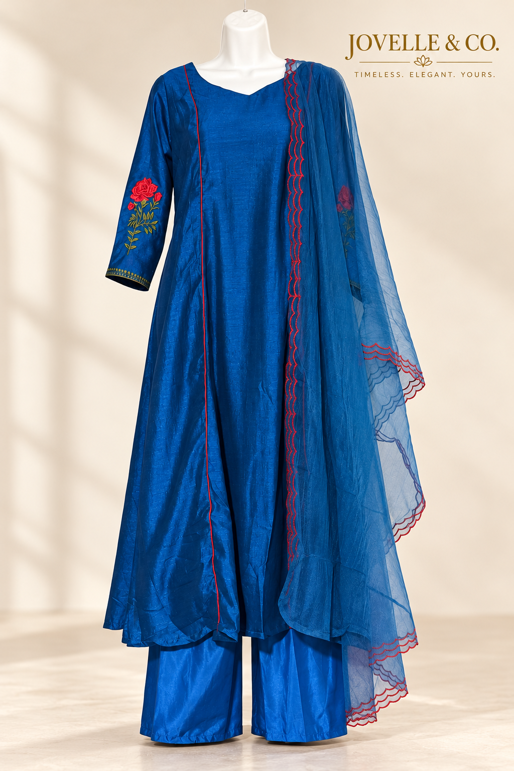 Peacock Blue Semi-Raw Silk Suit with Rose Embroidery – 3-Piece Set