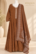 Nude Brown Mirror-Work Cotton Anarkali Suit – 3-Piece Set