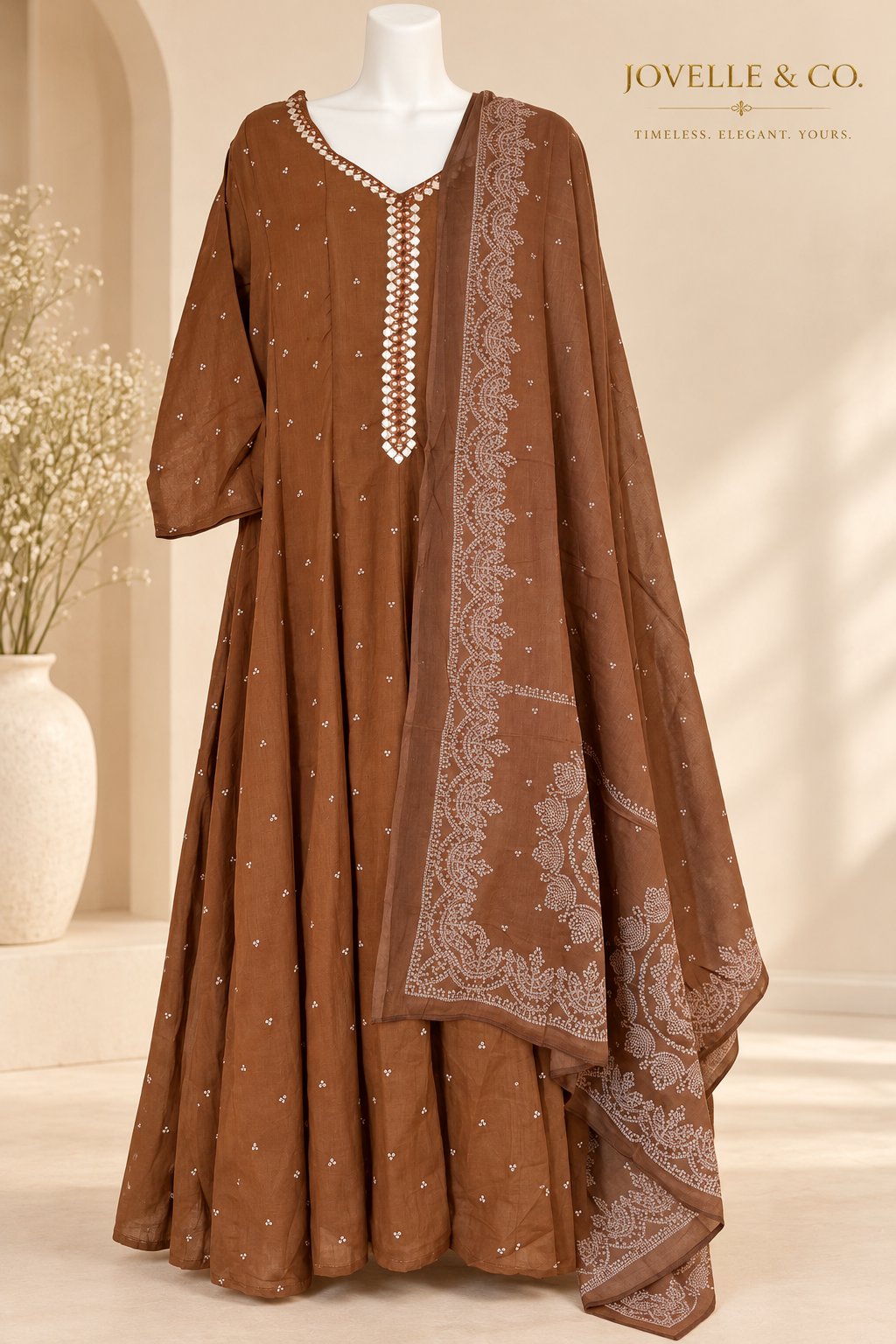 Nude Brown Mirror-Work Cotton Anarkali Suit – 3-Piece Set