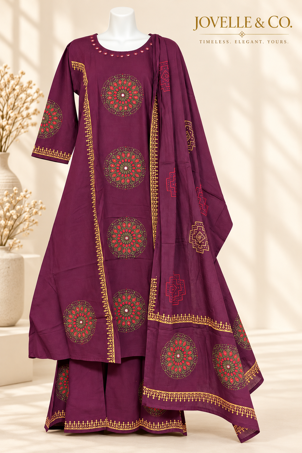 Plum Purple Ajrakh Cotton Suit with Mirror Work – 3-Piece Set