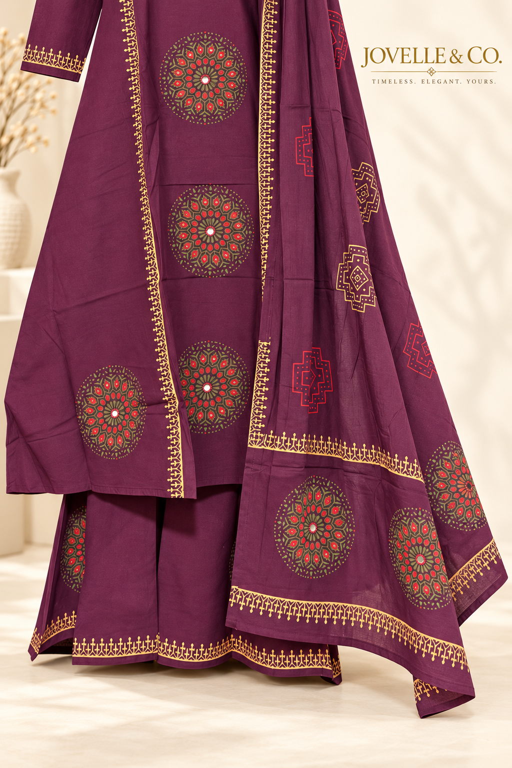 Plum Purple Ajrakh Cotton Suit with Mirror Work – 3-Piece Set