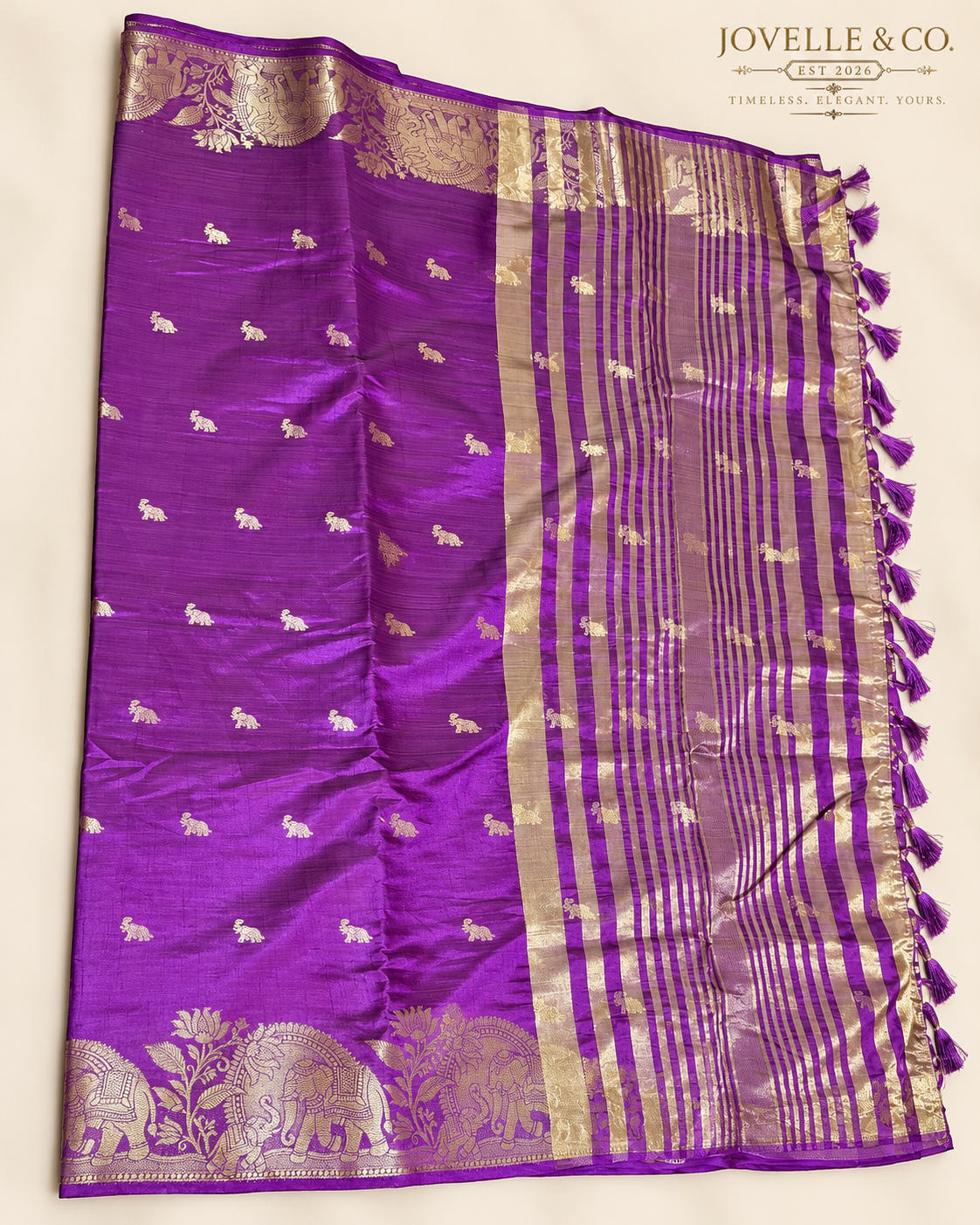 Purple Elephant Motif Saree – Gold Woven Border & Tasselled Pallu