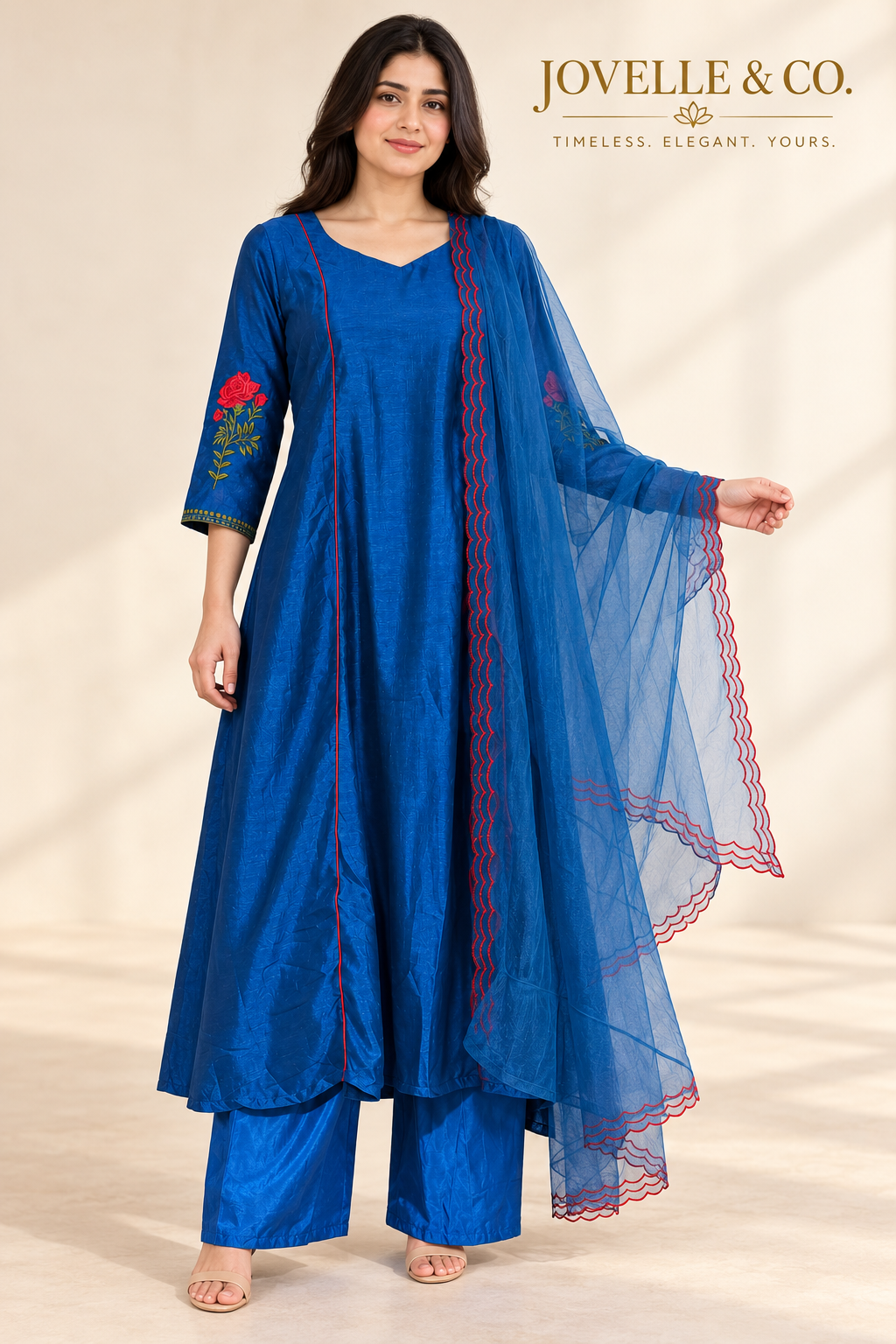 Peacock Blue Semi-Raw Silk Suit with Rose Embroidery – 3-Piece Set