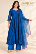 Peacock Blue Semi-Raw Silk Suit with Rose Embroidery – 3-Piece Set