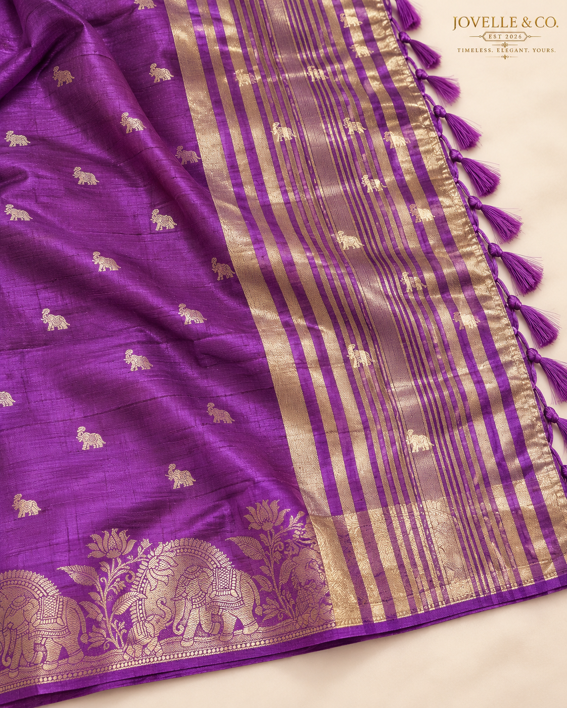 Purple Elephant Motif Saree – Gold Woven Border & Tasselled Pallu