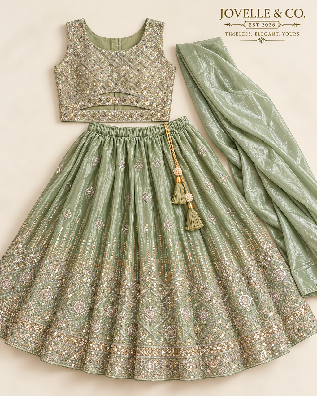 Girls’ Sage Green Embellished Lehenga Choli Set with Dupatta
