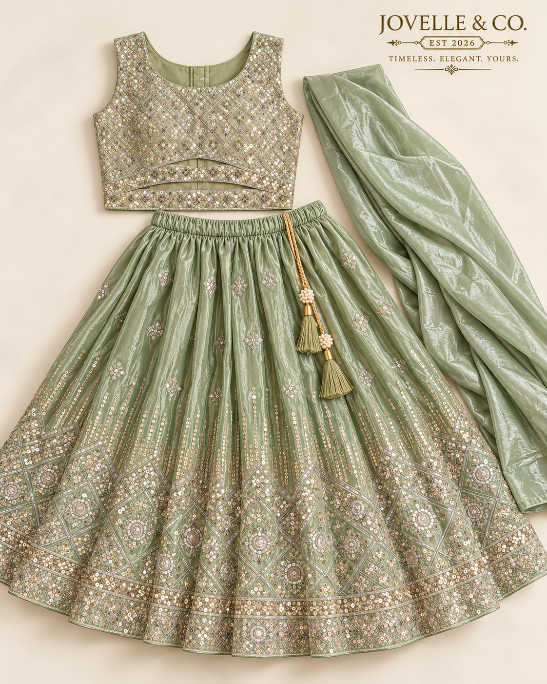 Girls’ Sage Green Embellished Lehenga Choli Set with Dupatta