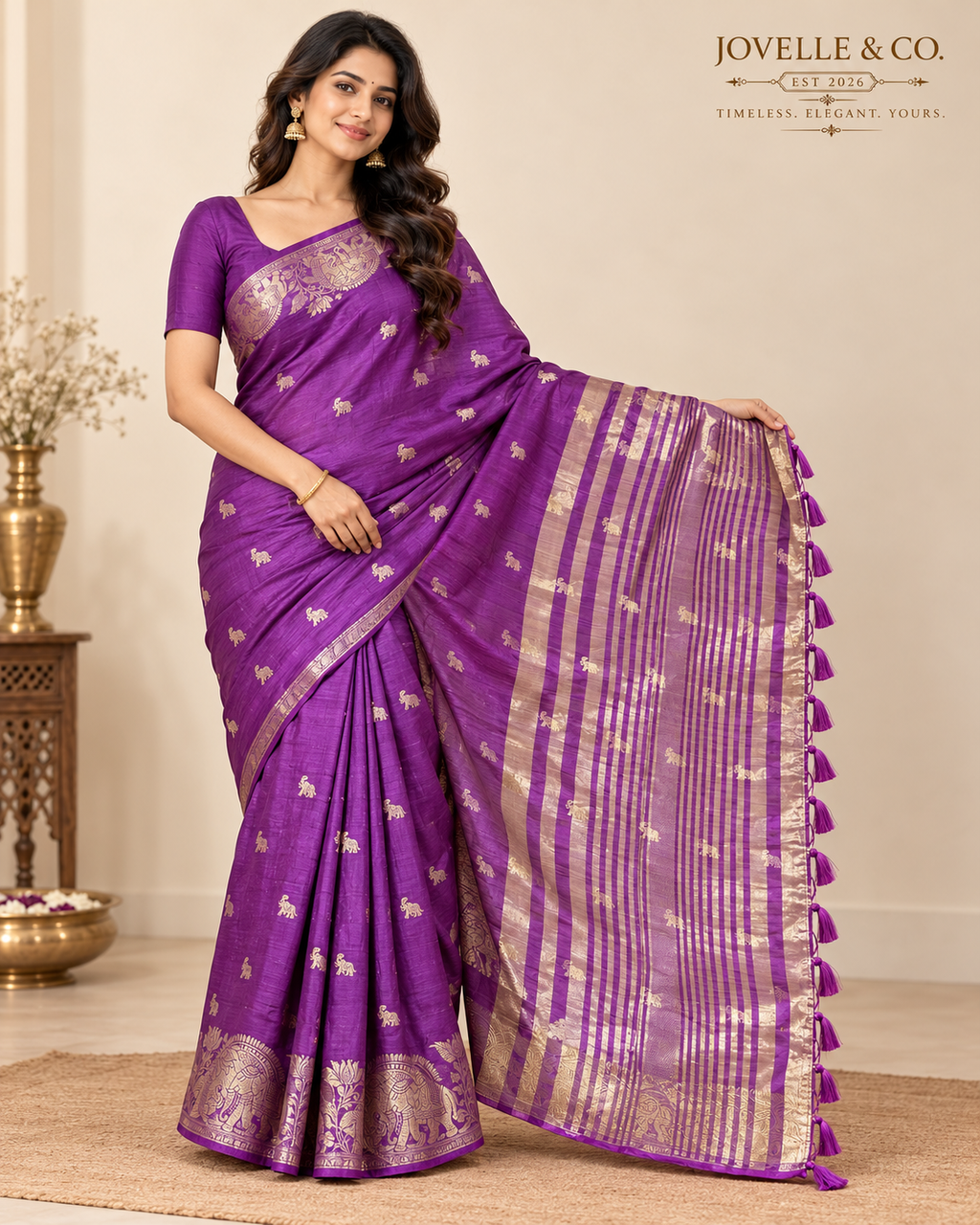 Purple Elephant Motif Saree – Gold Woven Border & Tasselled Pallu