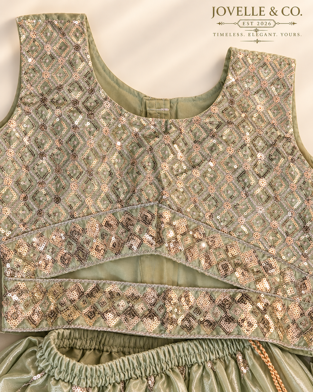 Girls’ Sage Green Embellished Lehenga Choli Set with Dupatta