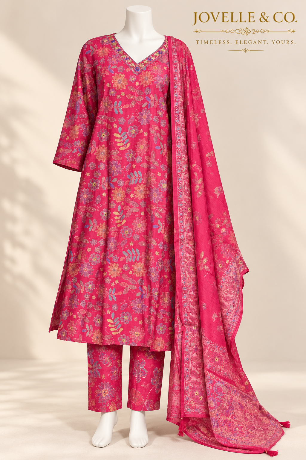 Fuchsia Pink Floral Modal Silk Suit – 3-Piece Set