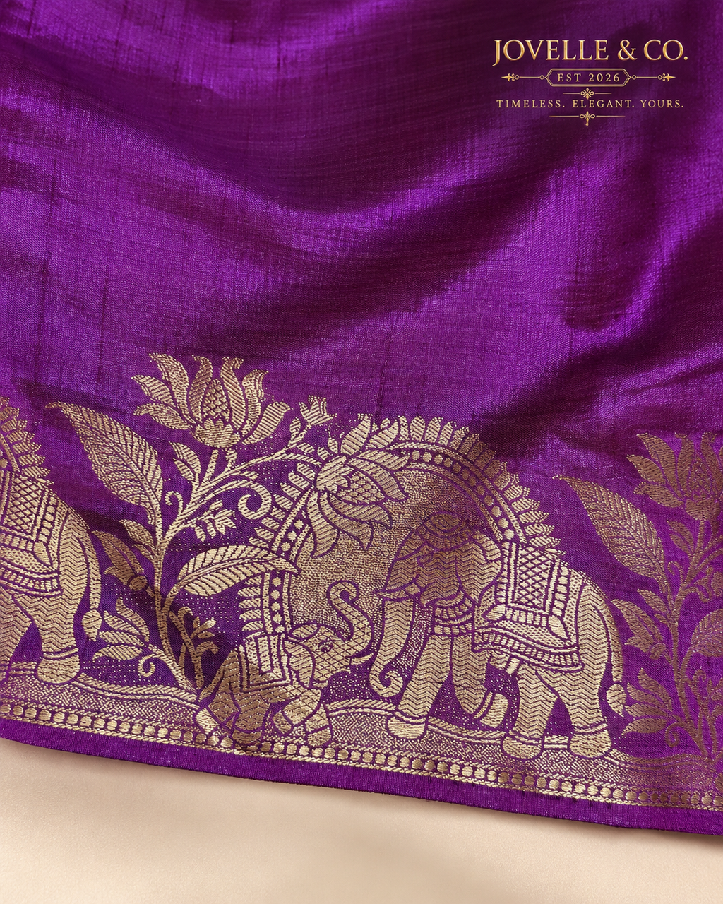 Purple Elephant Motif Saree – Gold Woven Border & Tasselled Pallu