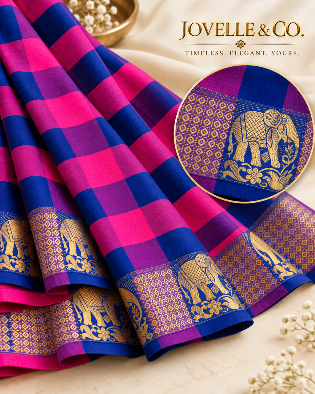 Pink & Navy Checked Saree with Gold Elephant Border