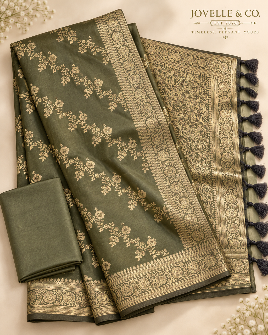 Olive Green Semi-Silk Saree – Gold Floral Motifs & Ornate Pallu