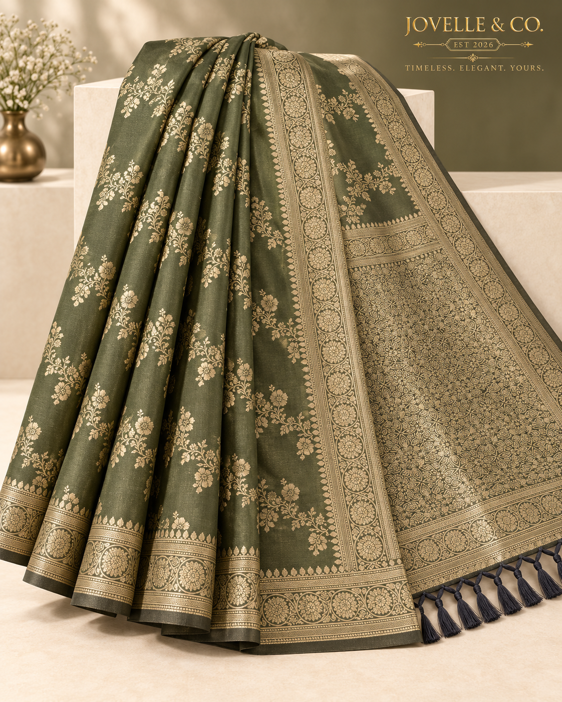 Olive Green Semi-Silk Saree – Gold Floral Motifs & Ornate Pallu