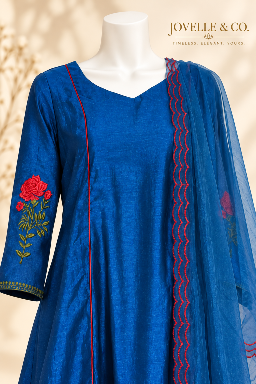 Peacock Blue Semi-Raw Silk Suit with Rose Embroidery – 3-Piece Set