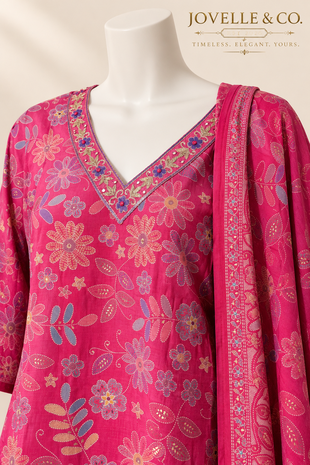 Fuchsia Pink Floral Modal Silk Suit – 3-Piece Set