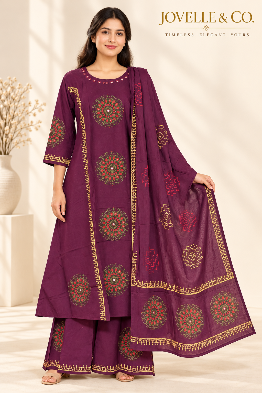 Plum Purple Ajrakh Cotton Suit with Mirror Work – 3-Piece Set