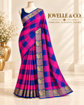 Pink & Navy Checked Saree with Gold Elephant Border