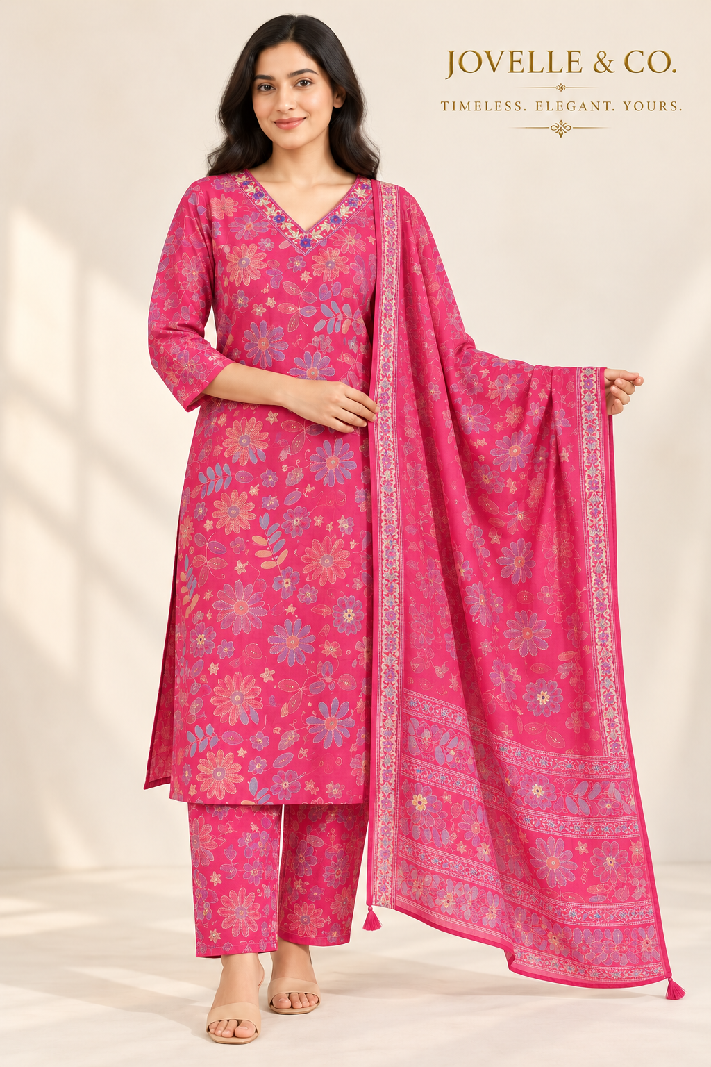 Fuchsia Pink Floral Modal Silk Suit – 3-Piece Set