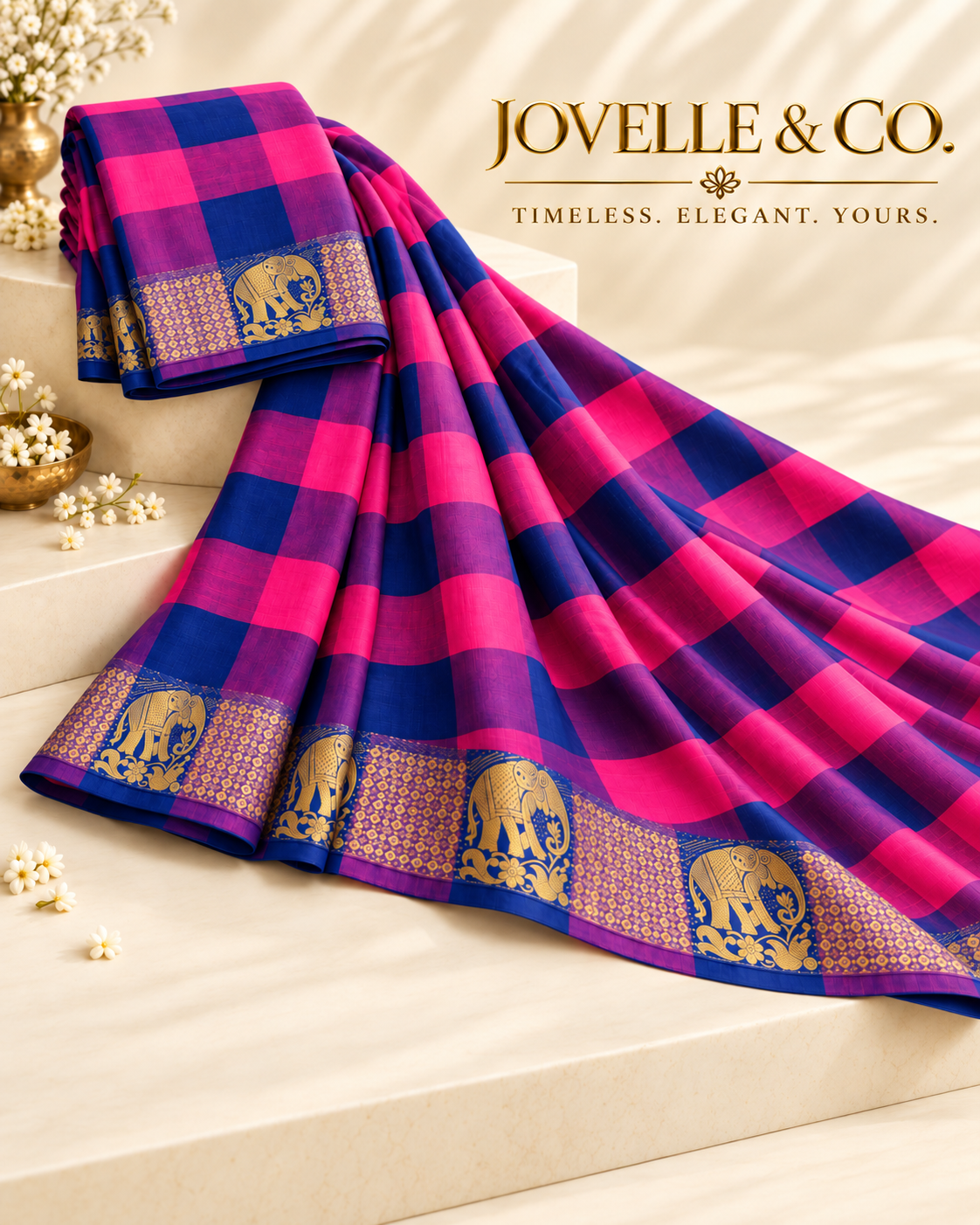 Pink & Navy Checked Saree with Gold Elephant Border