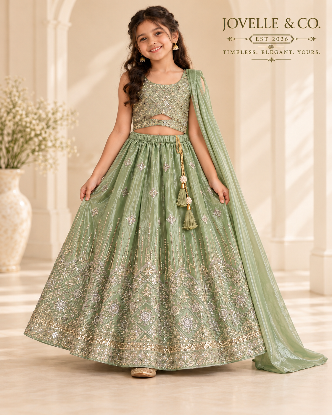 Girls’ Sage Green Embellished Lehenga Choli Set with Dupatta