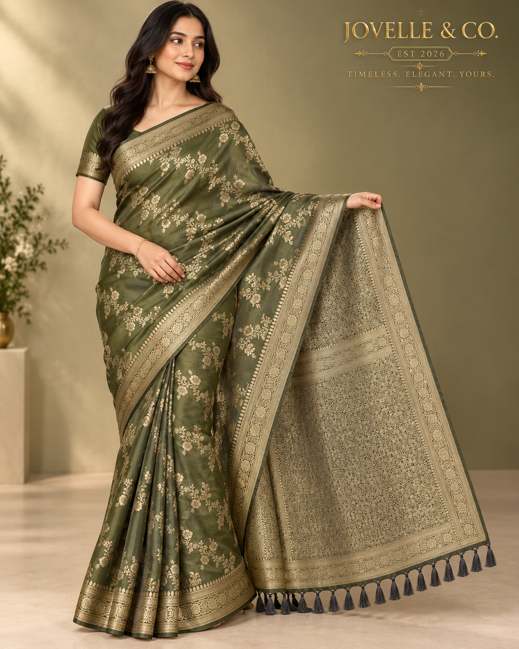Olive Green Semi-Silk Saree – Gold Floral Motifs & Ornate Pallu