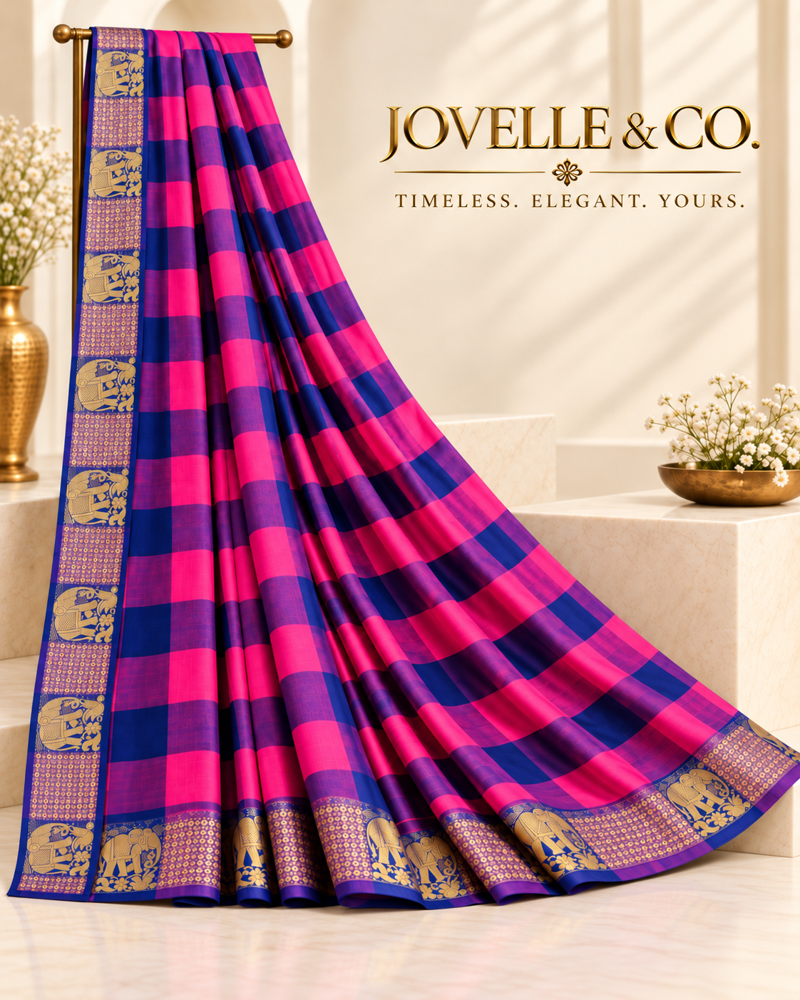 Pink & Navy Checked Saree with Gold Elephant Border