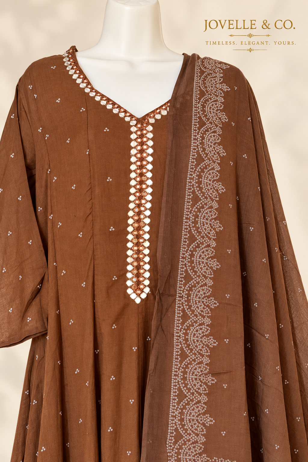 Nude Brown Mirror-Work Cotton Anarkali Suit – 3-Piece Set