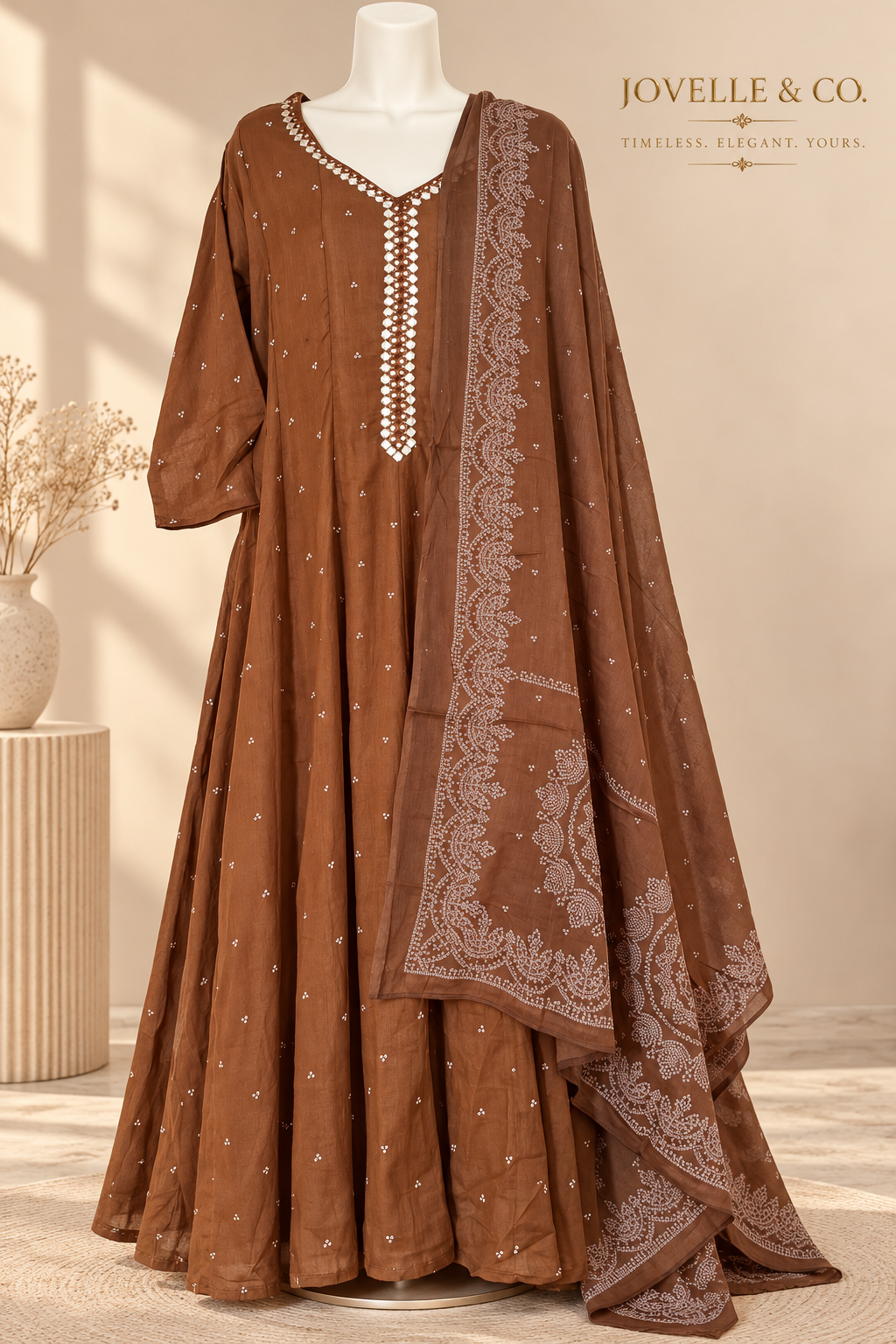 Nude Brown Mirror-Work Cotton Anarkali Suit – 3-Piece Set