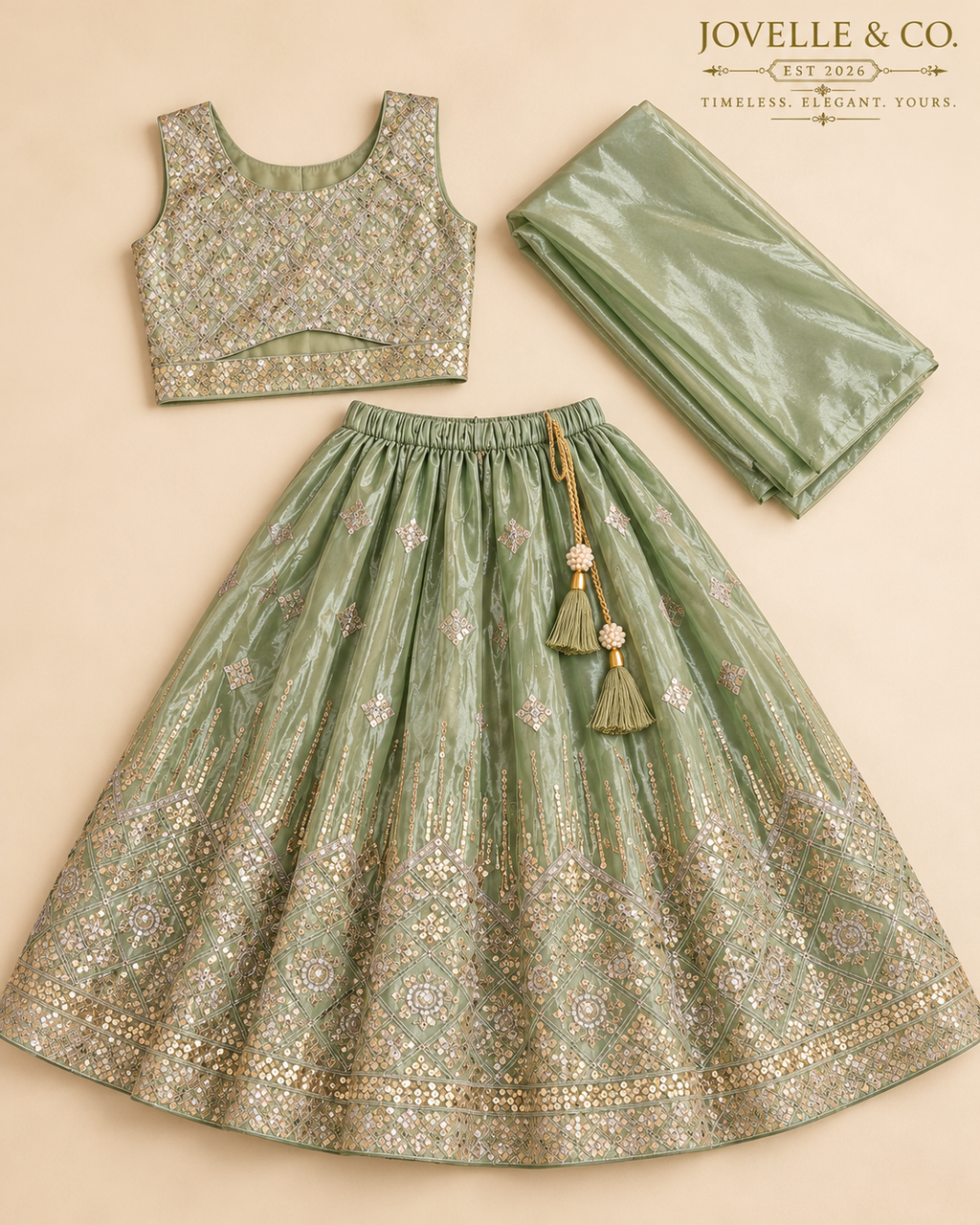 Girls’ Sage Green Embellished Lehenga Choli Set with Dupatta