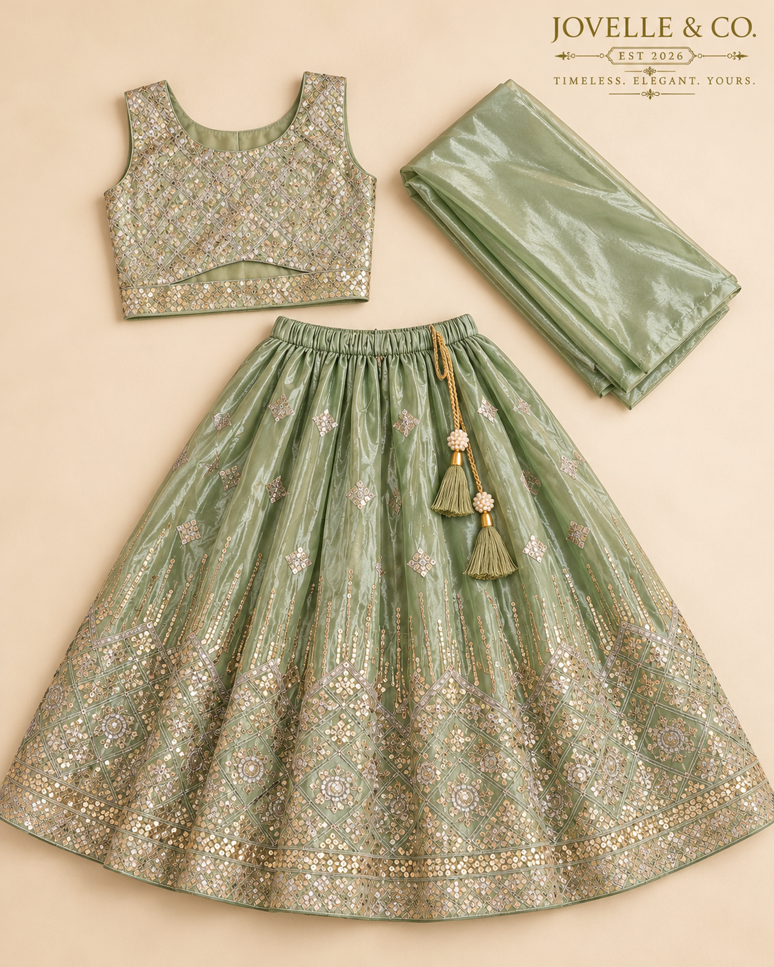 Girls’ Sage Green Embellished Lehenga Choli Set with Dupatta
