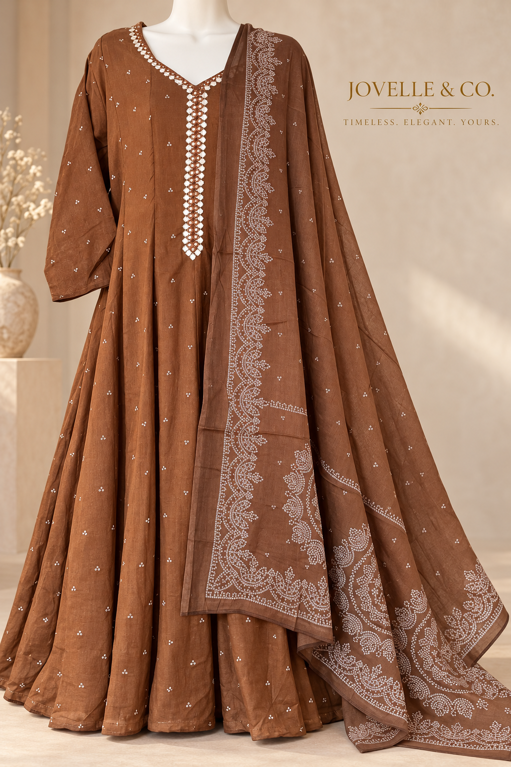 Nude Brown Mirror-Work Cotton Anarkali Suit – 3-Piece Set