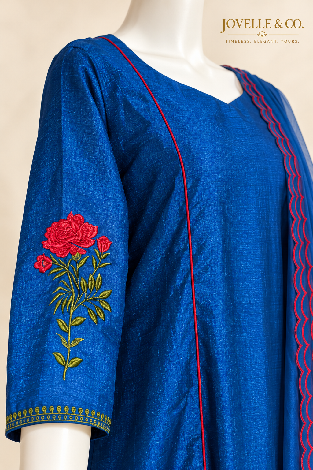 Peacock Blue Semi-Raw Silk Suit with Rose Embroidery – 3-Piece Set