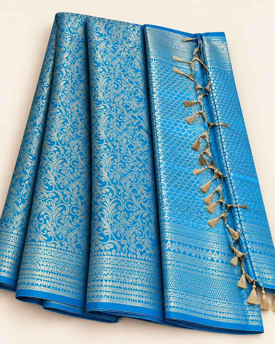 Teal Blue Semi-Silk Saree – Intricate Woven Patterns & Tasselled Pallu