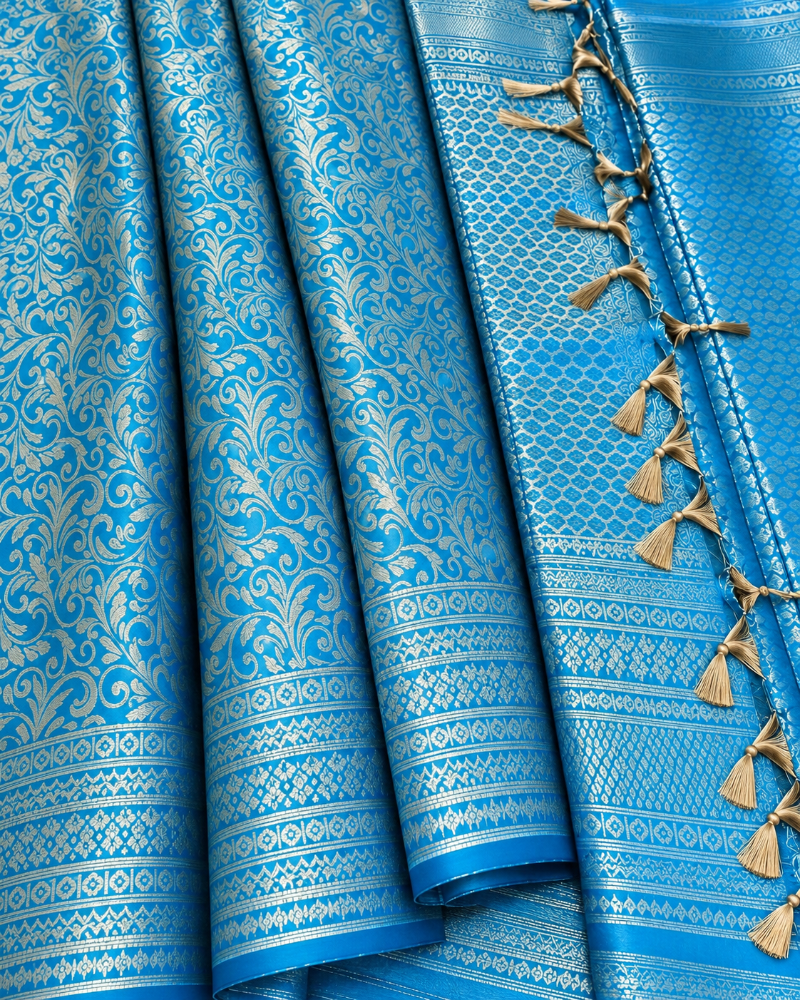 Teal Blue Semi-Silk Saree – Intricate Woven Patterns & Tasselled Pallu