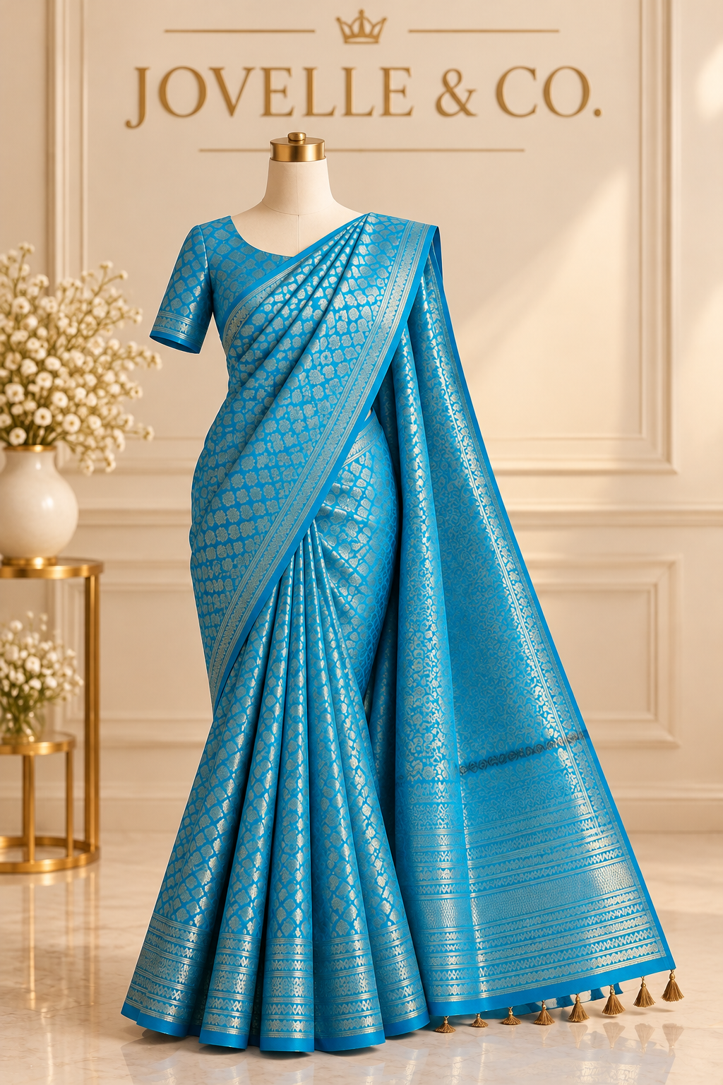 Teal Blue Semi-Silk Saree – Intricate Woven Patterns & Tasselled Pallu
