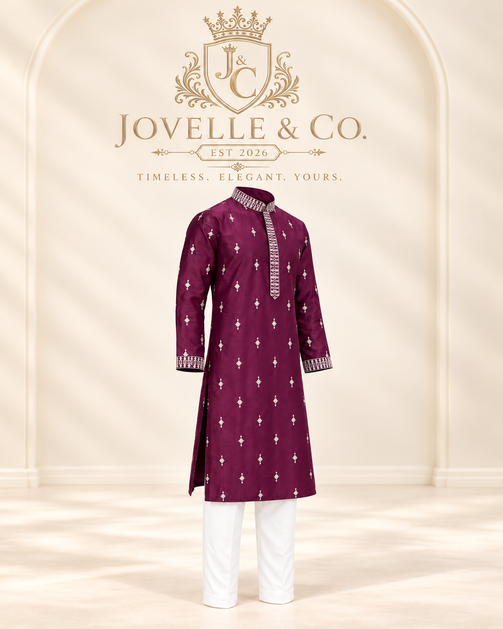Men's Plum Purple Embroidered Kurta & White Pant Set – Festive Wear