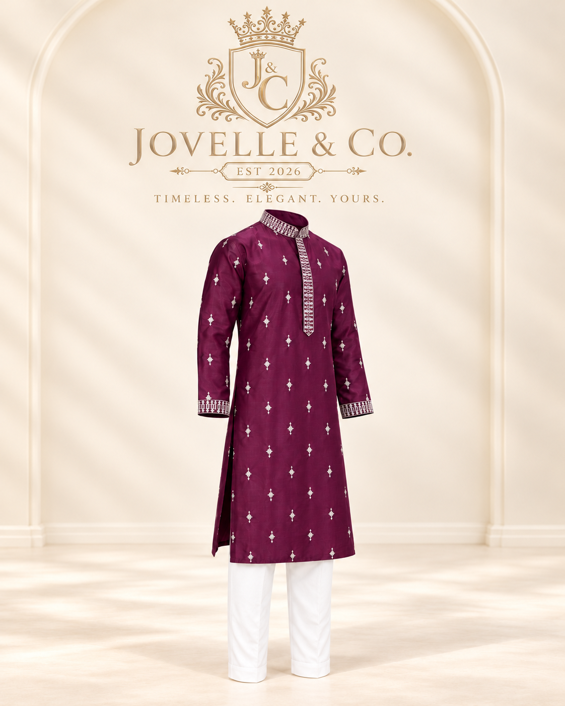 Men's Plum Purple Embroidered Kurta & White Pant Set – Festive Wear