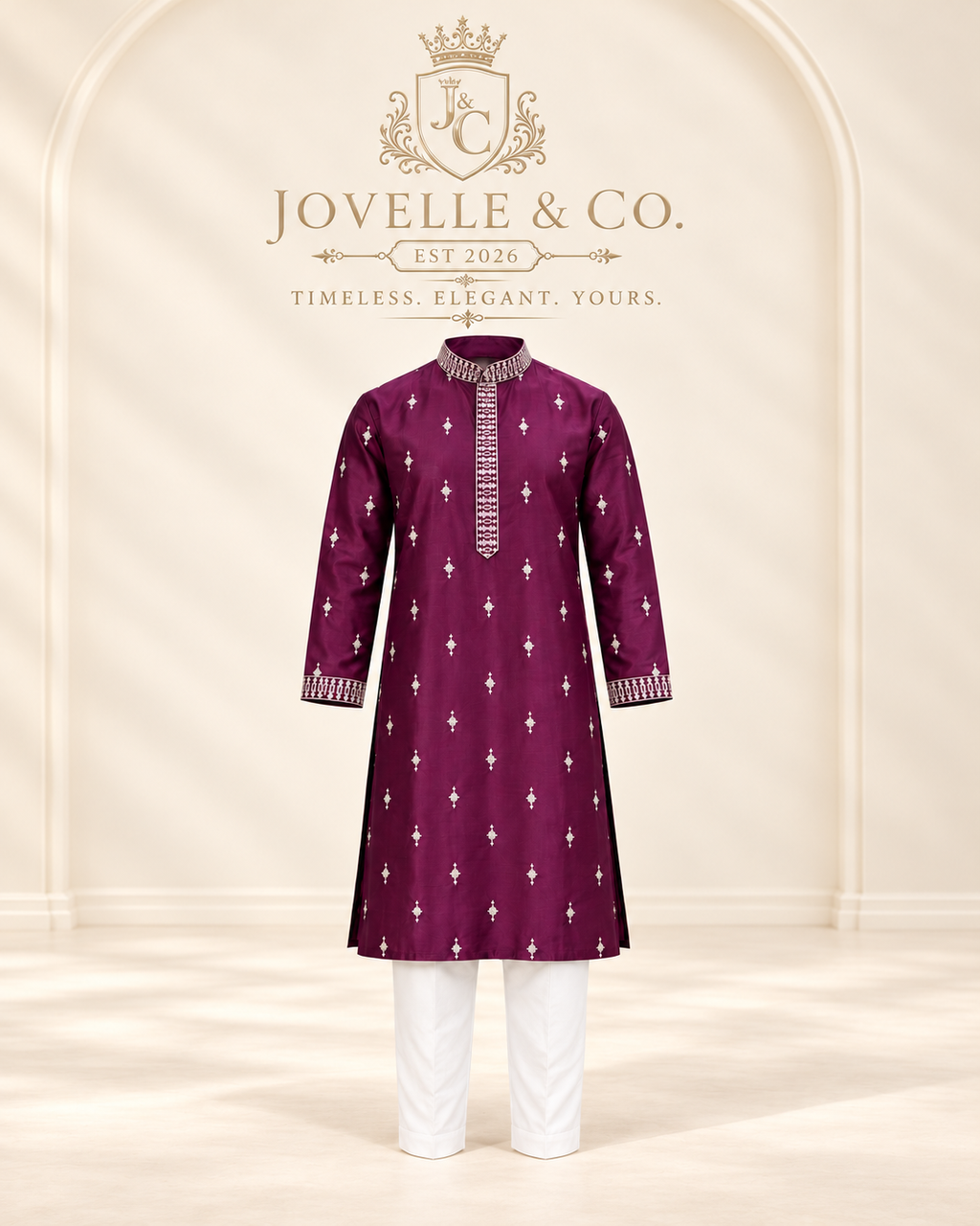 Men's Plum Purple Embroidered Kurta & White Pant Set – Festive Wear