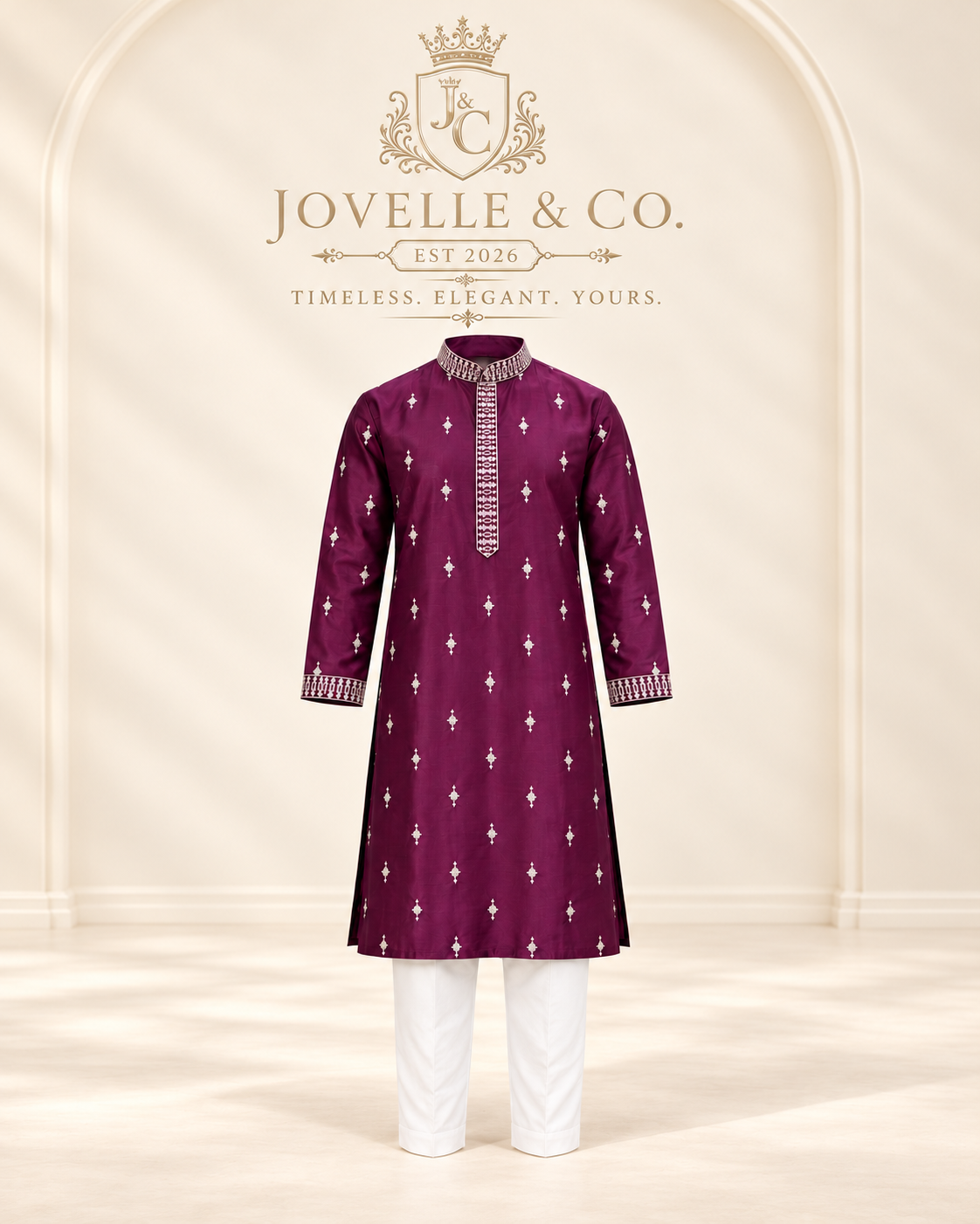 Men's Plum Purple Embroidered Kurta & White Pant Set – Festive Wear