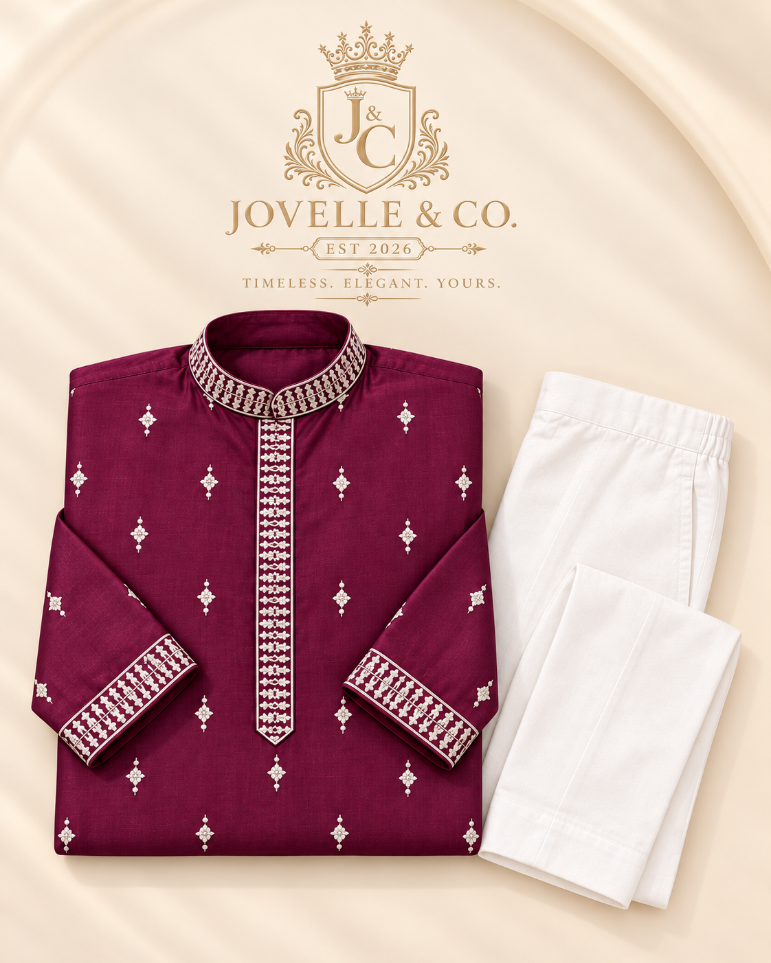 Men's Plum Purple Embroidered Kurta & White Pant Set – Festive Wear