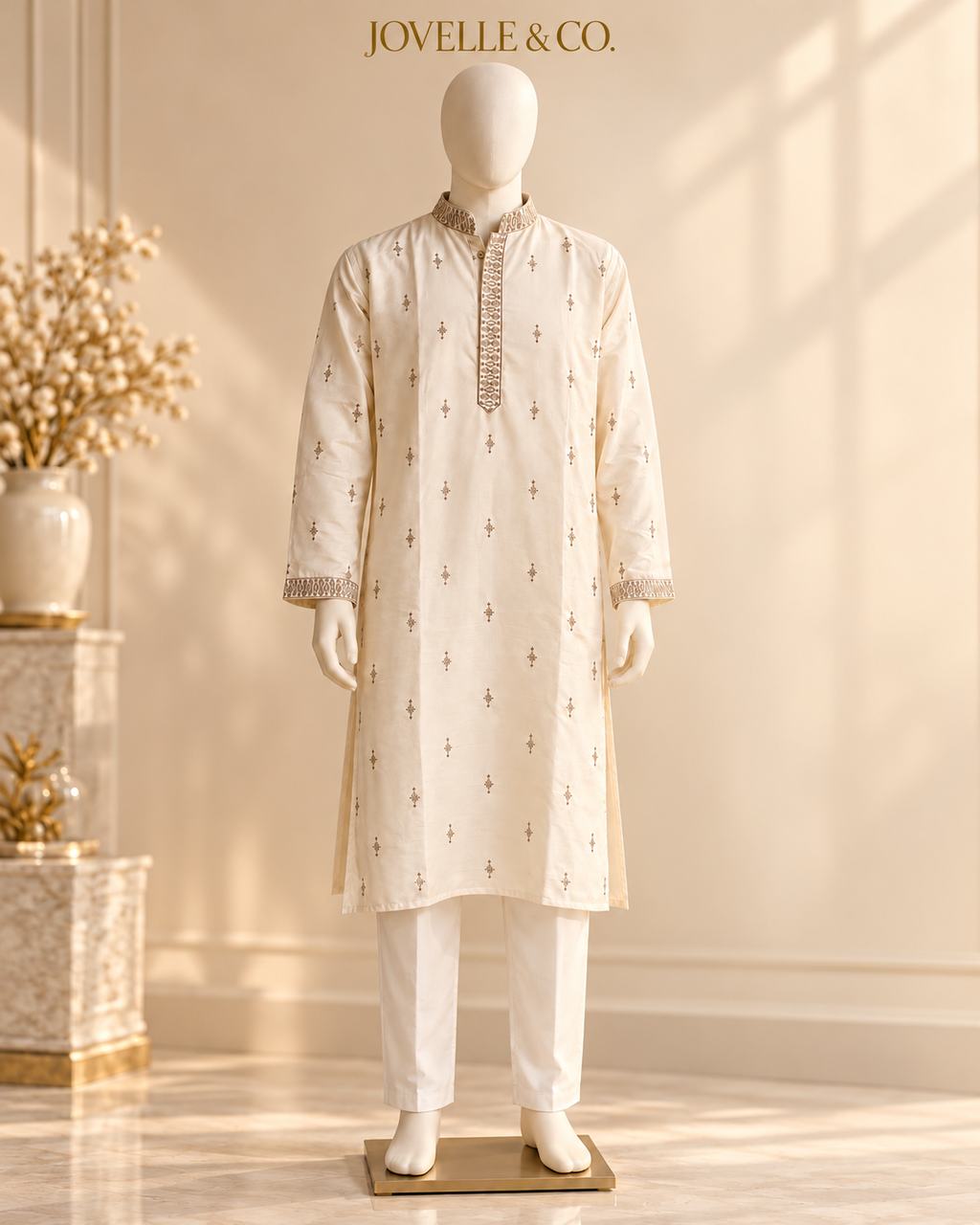 Men's Ivory Embroidered Kurta & White Trouser Set – XL