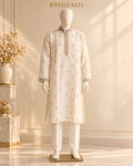 Men's Ivory Embroidered Kurta & White Trouser Set – XL