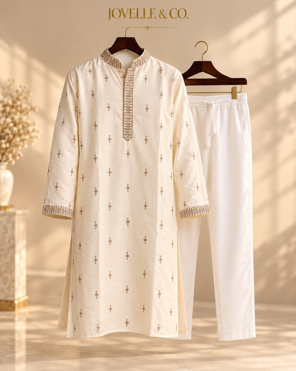 Men's Ivory Embroidered Kurta & White Trouser Set – XL