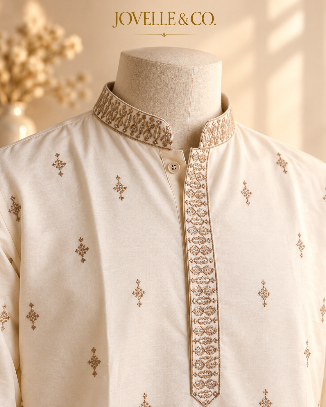 Men's Ivory Embroidered Kurta & White Trouser Set – XL
